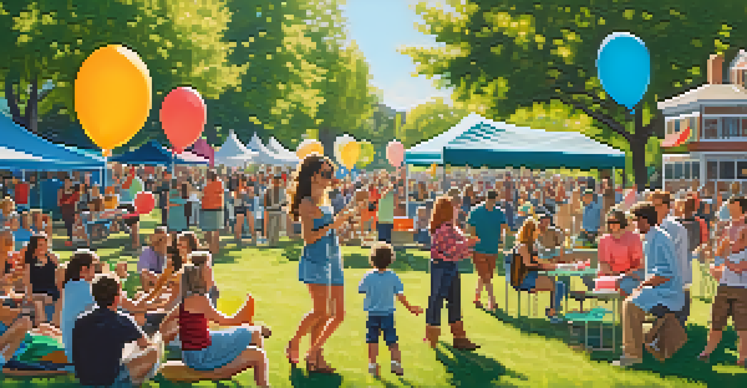 A lively park concert with people dancing and picnicking on the grass, local musicians on stage, and food trucks in the background.