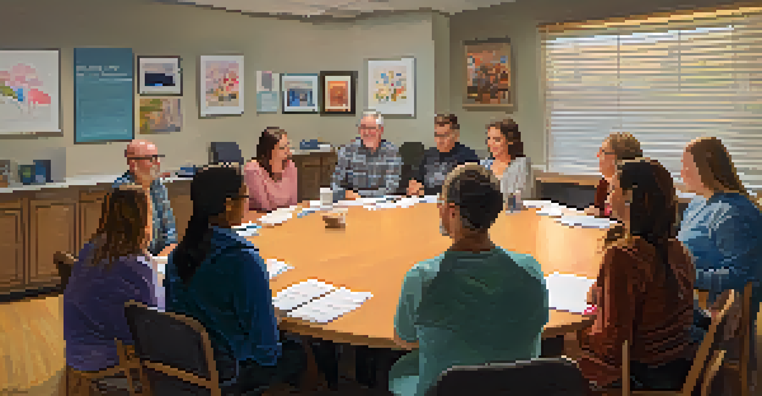 A cozy support group meeting with family members discussing their experiences, in a warmly lit room with materials on LGBTQ+ acceptance.