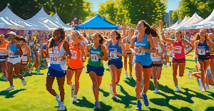 A lively outdoor festival in Denver, showcasing female athletes of diverse backgrounds participating in various sports, with colorful decorations and a supportive crowd.