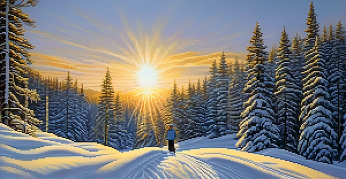 A winter landscape with a snowshoeing trail, snow-covered pine trees, and a sunset casting golden light on the snow, with a lone snowshoer in the distance.