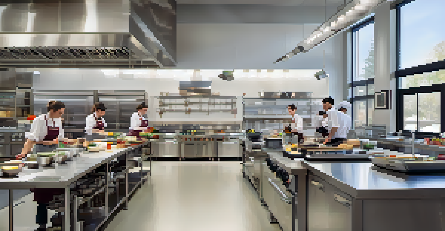 A modern culinary classroom filled with students cooking and learning in a bright and inviting environment.