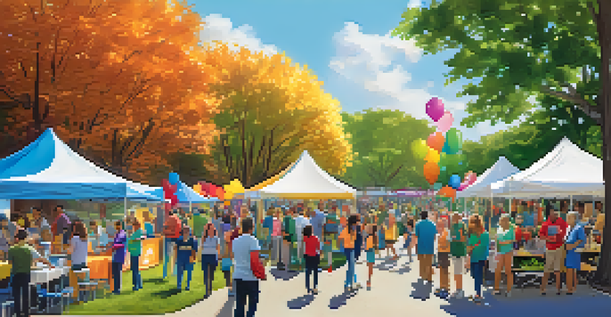 A lively outdoor volunteer fair with people engaging at booths representing local nonprofits, surrounded by greenery and colorful decorations.