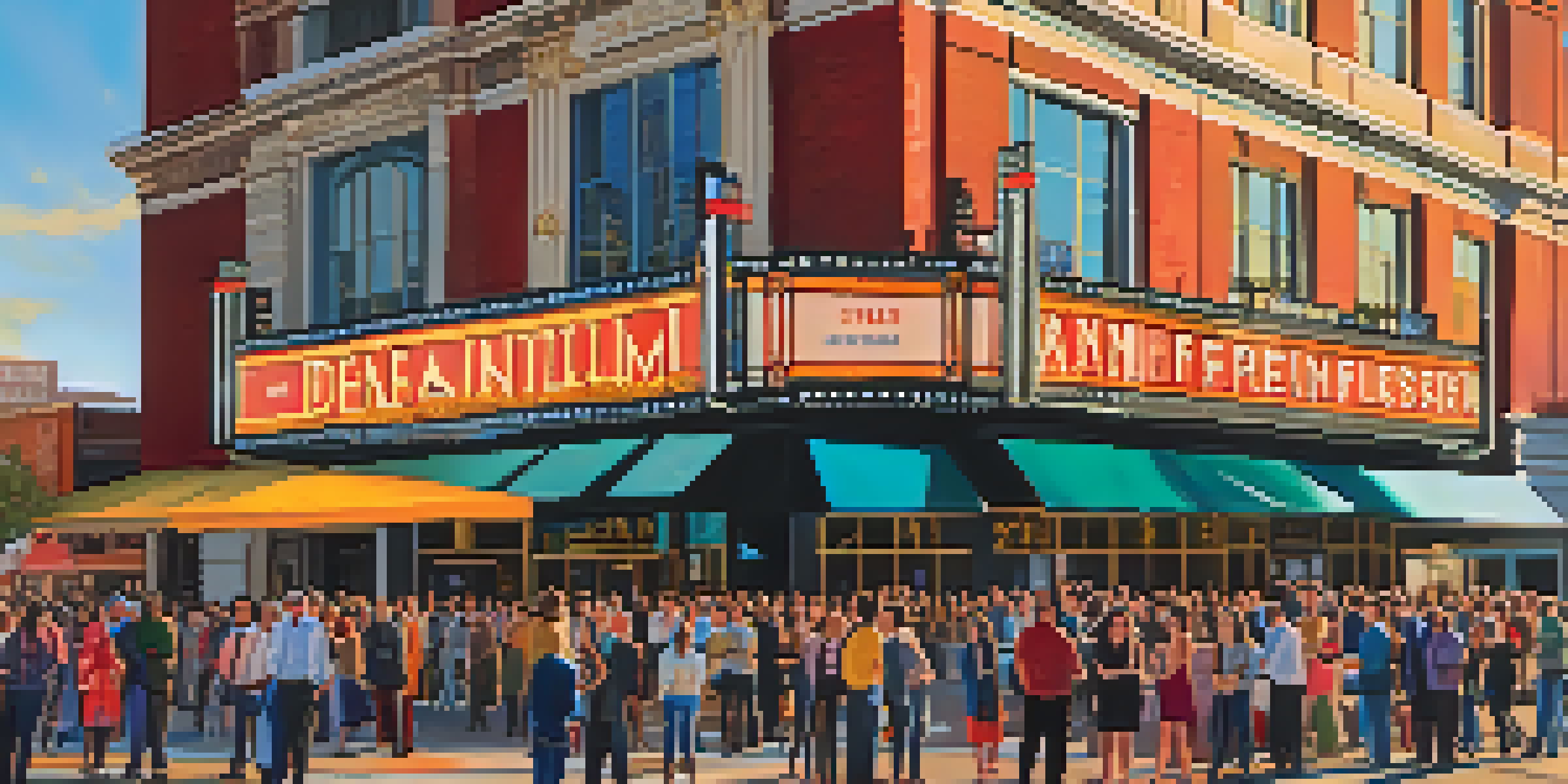 A lively crowd at the Denver Film Festival in front of a historic theater, with colorful banners and diverse attendees engaging in conversation during sunset.