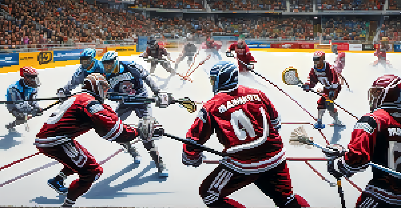 Players from the Colorado Mammoth engaged in an indoor lacrosse match, with fans cheering in the background of Ball Arena.