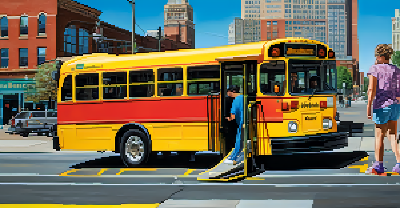 An accessible bus in Denver with a ramp, showing a person in a wheelchair boarding, with the city skyline behind.