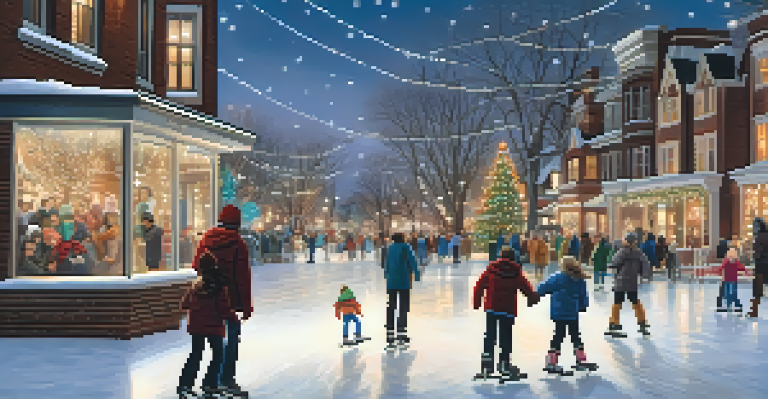 A snowy winter scene in Denver with families ice skating and holiday lights.
