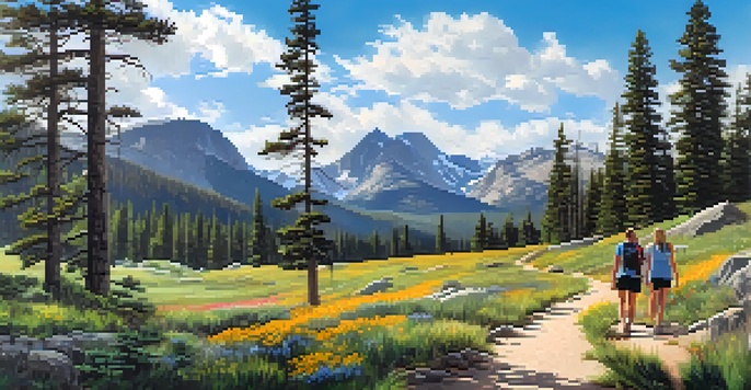 A family hiking on a scenic trail surrounded by pine trees and wildflowers in Rocky Mountain National Park.