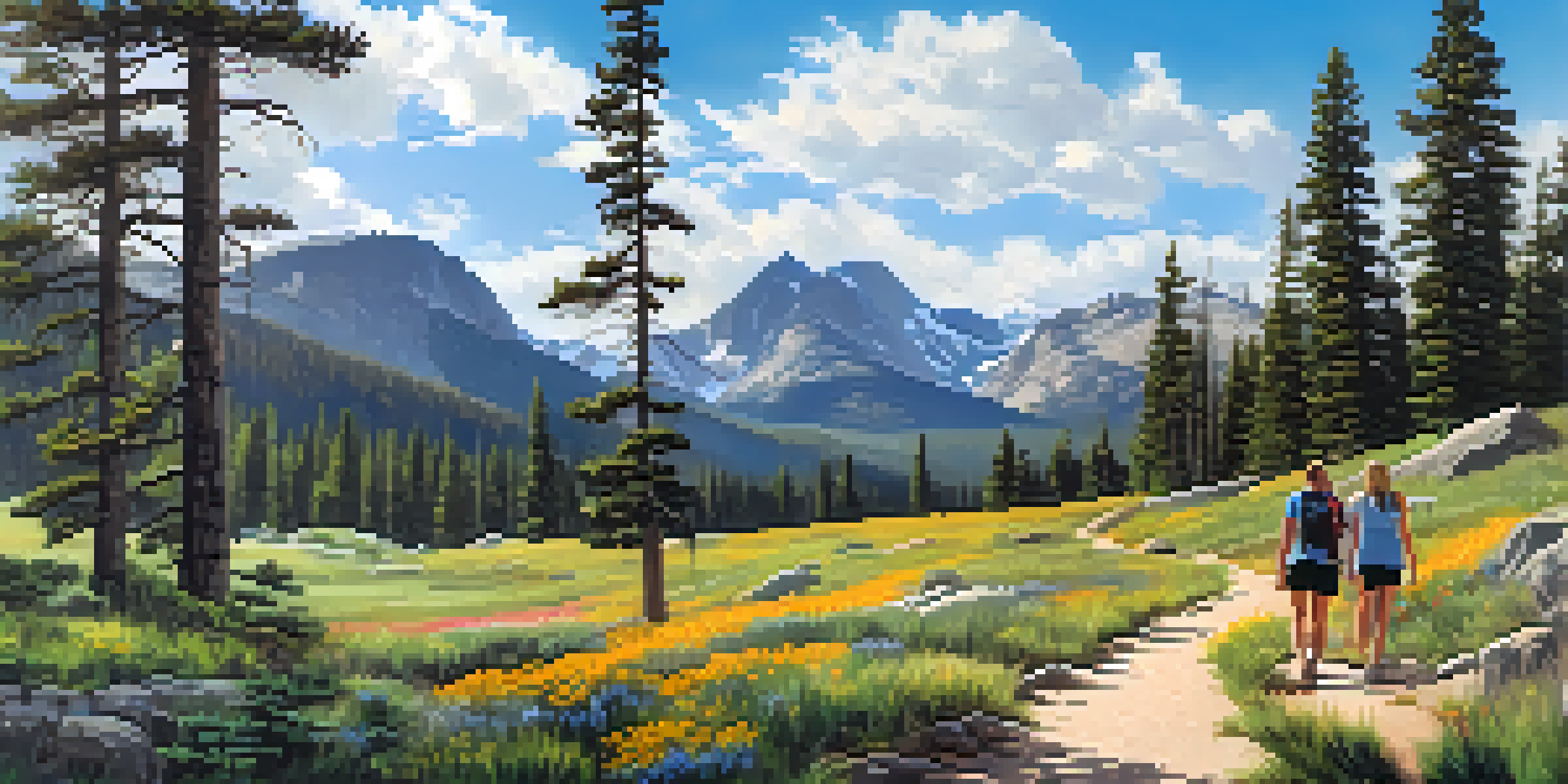 A family hiking on a scenic trail surrounded by pine trees and wildflowers in Rocky Mountain National Park.