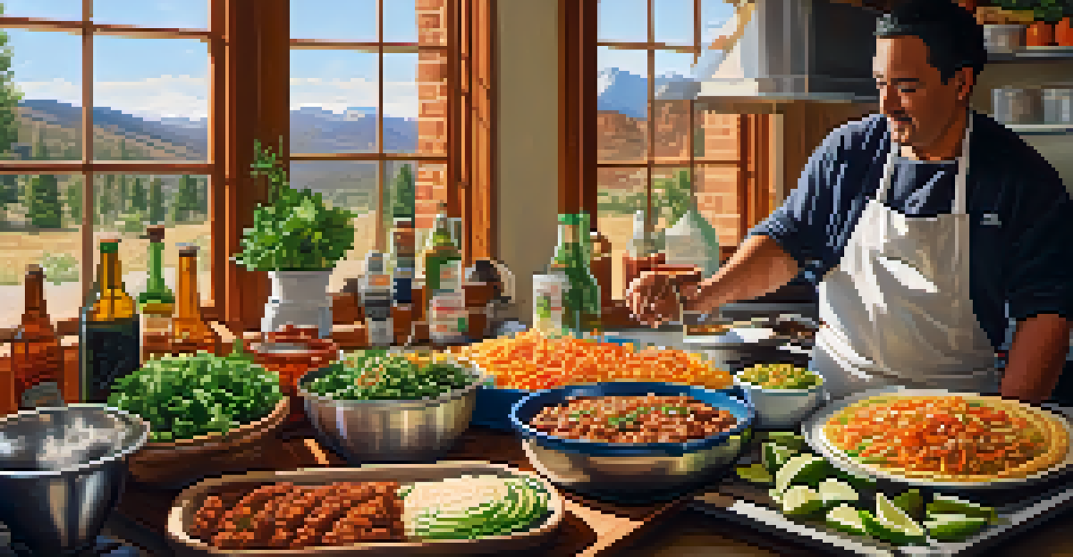 A cozy kitchen with a chef preparing a variety of Denver's dishes, including tacos and fresh vegetables, illuminated by warm natural light.