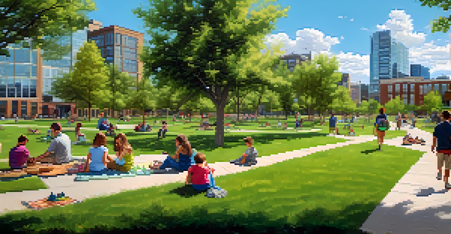A bustling urban park in Denver with families, joggers, and modern buildings featuring green roofs.