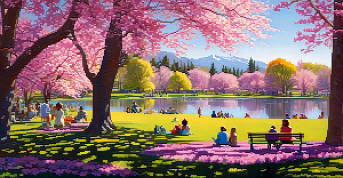 A picturesque view of Washington Park in Denver during spring, showcasing blooming flowers, a serene lake, and families having picnics under the sun.