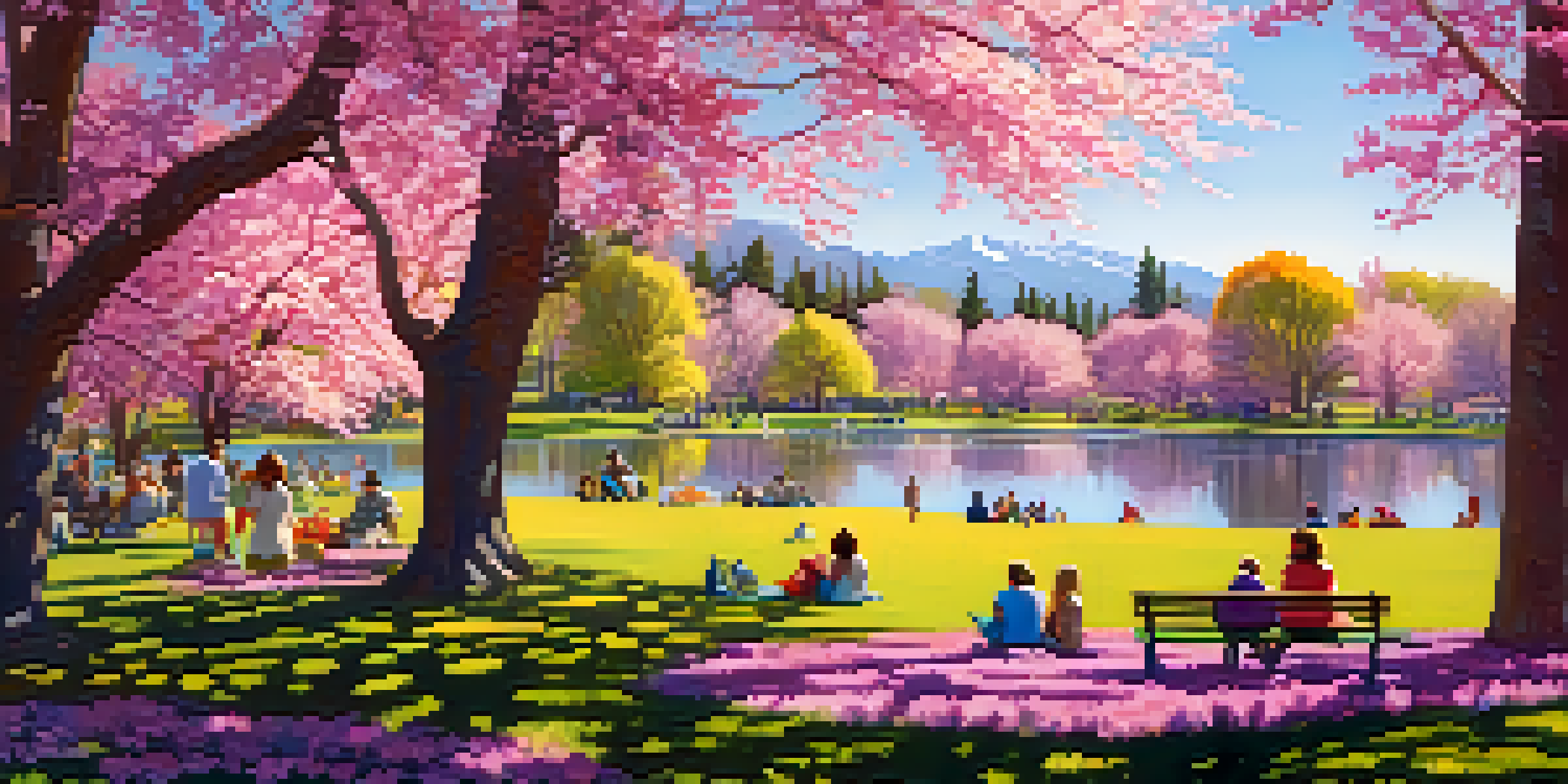 A picturesque view of Washington Park in Denver during spring, showcasing blooming flowers, a serene lake, and families having picnics under the sun.