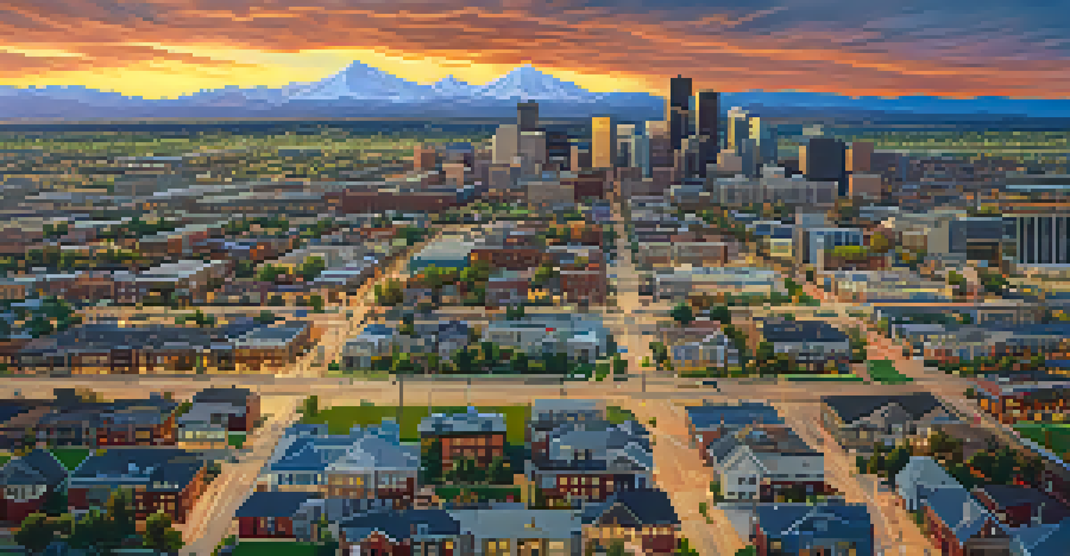 Aerial view of Denver showing neighborhoods and public transport routes during sunset.
