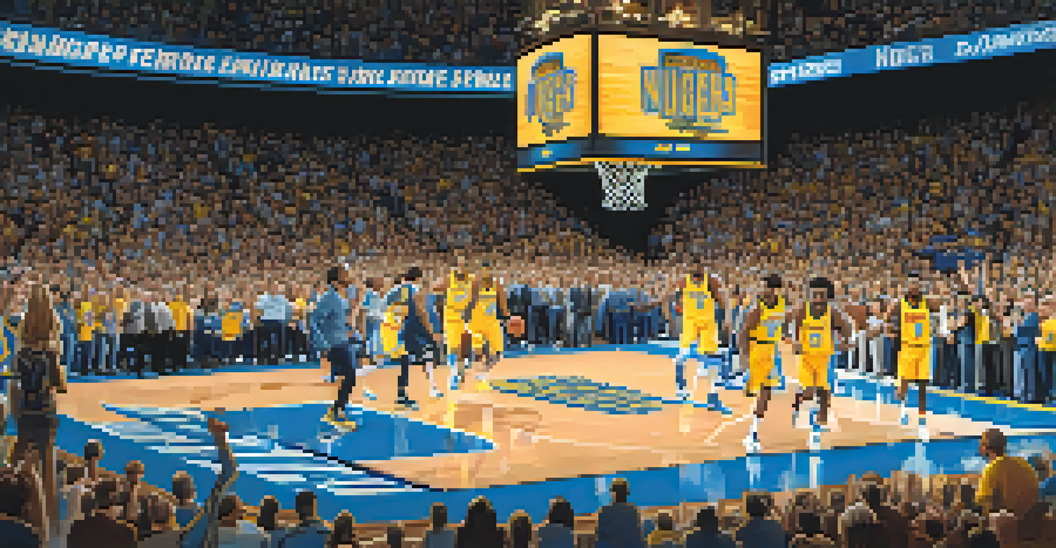 A basketball game in Ball Arena featuring Denver Nuggets players in action, with a cheering crowd around the court.