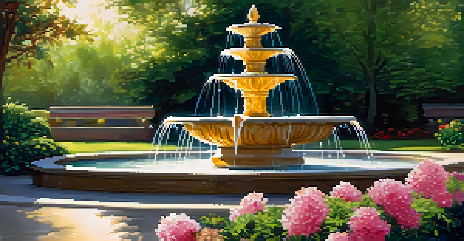 Close-up of a sparkling water fountain surrounded by flowers in a Denver park.