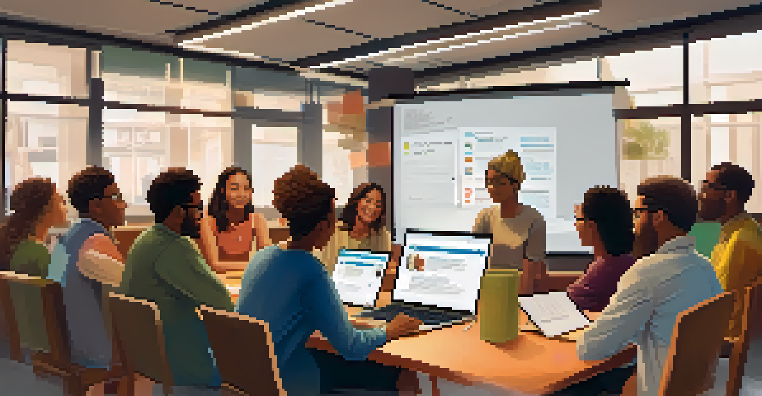 A group of community members discussing ideas around an open laptop showing a survey, with a whiteboard of notes in the background.