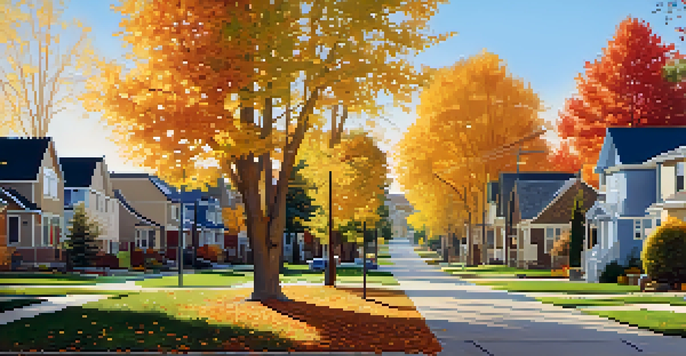 A peaceful suburban neighborhood in Denver with colorful autumn trees and families enjoying outdoor activities.
