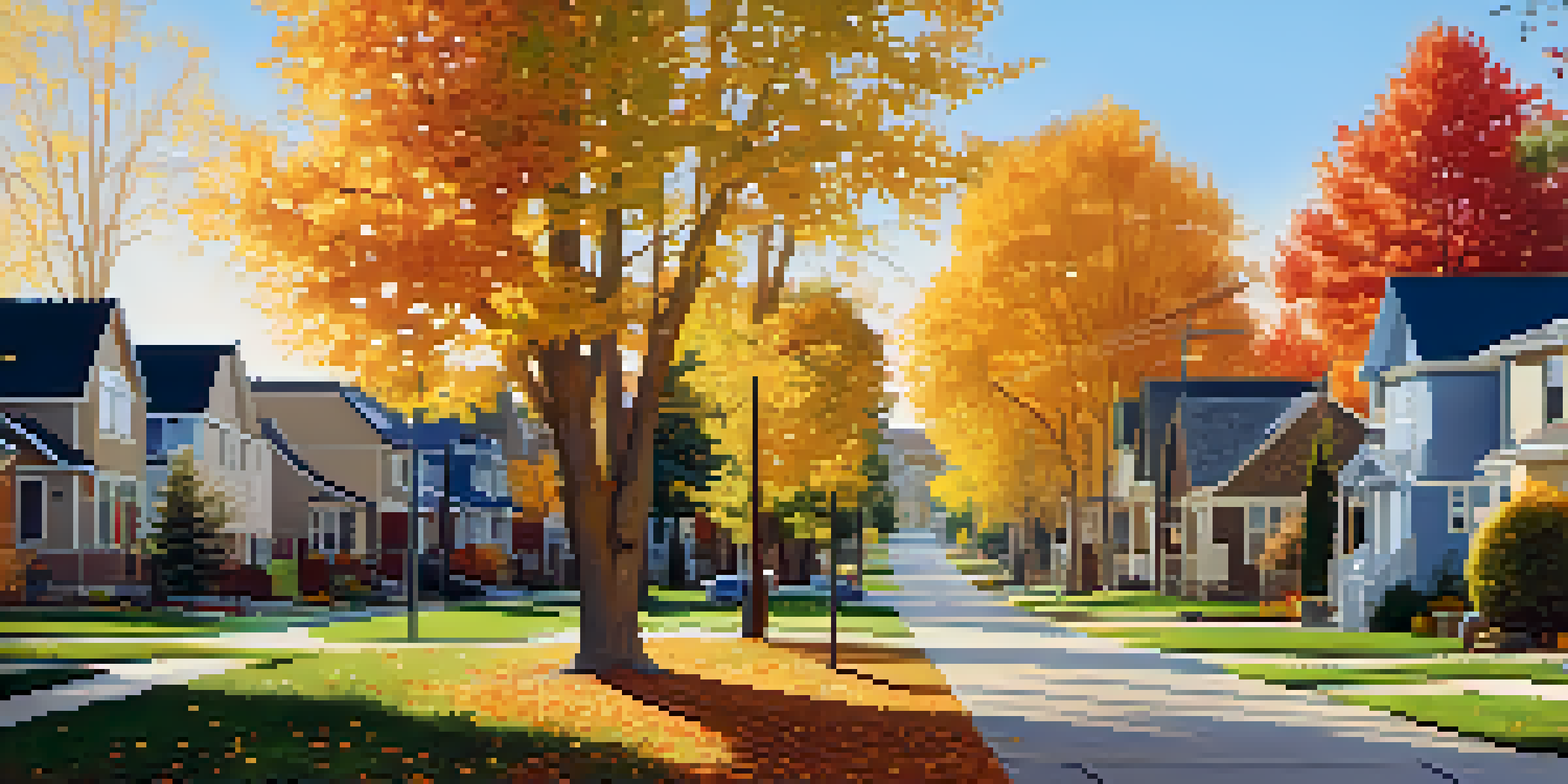 A peaceful suburban neighborhood in Denver with colorful autumn trees and families enjoying outdoor activities.