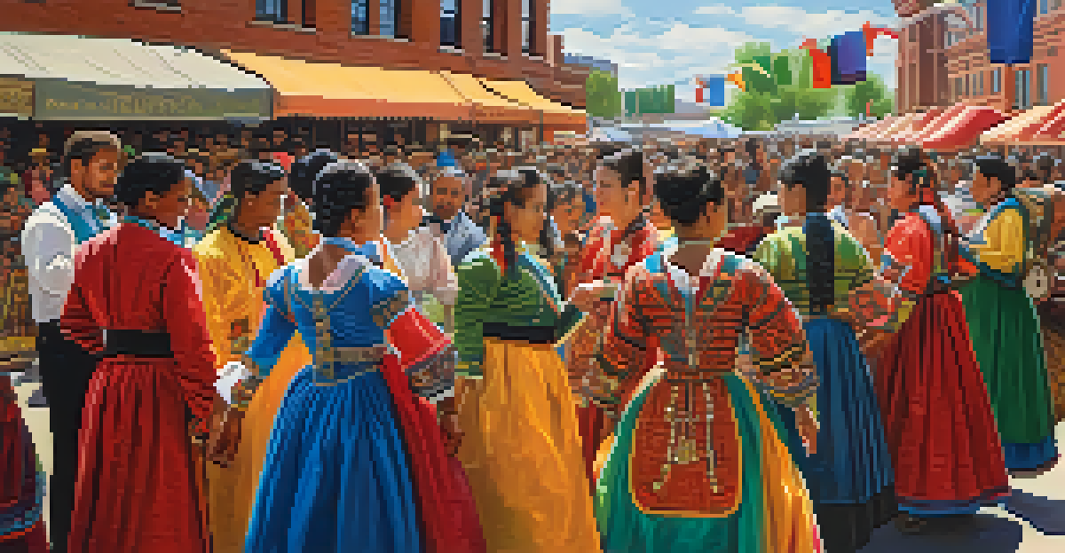 A vibrant cultural festival in 19th century Denver featuring diverse people in traditional clothing celebrating together.