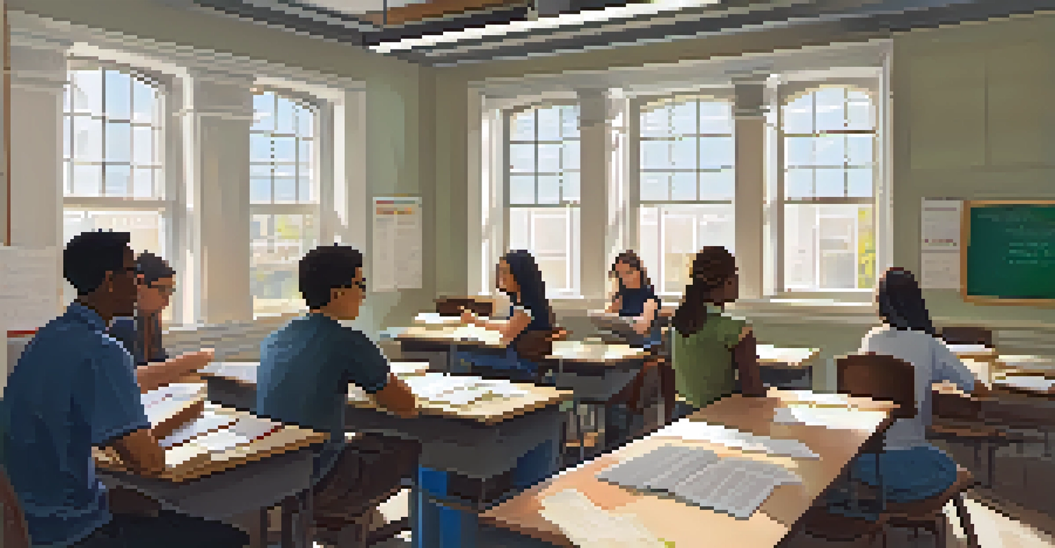 A cozy college classroom filled with students engaged in discussion, surrounded by bookshelves and natural light.