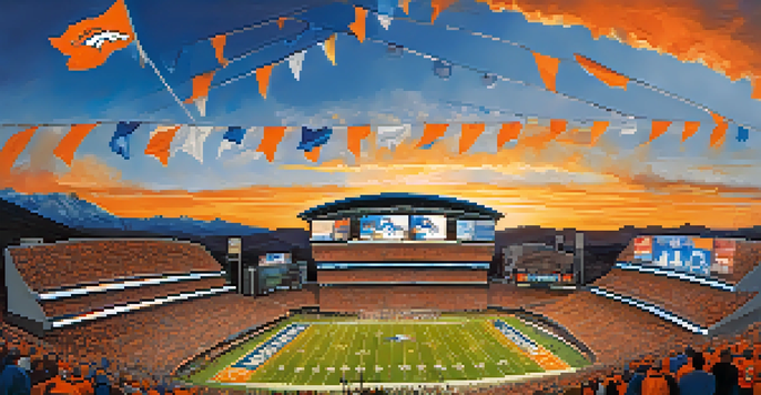 A lively gathering of fans in Denver Broncos jerseys outside Empower Field, with a backdrop of the Rocky Mountains and a sunset sky.