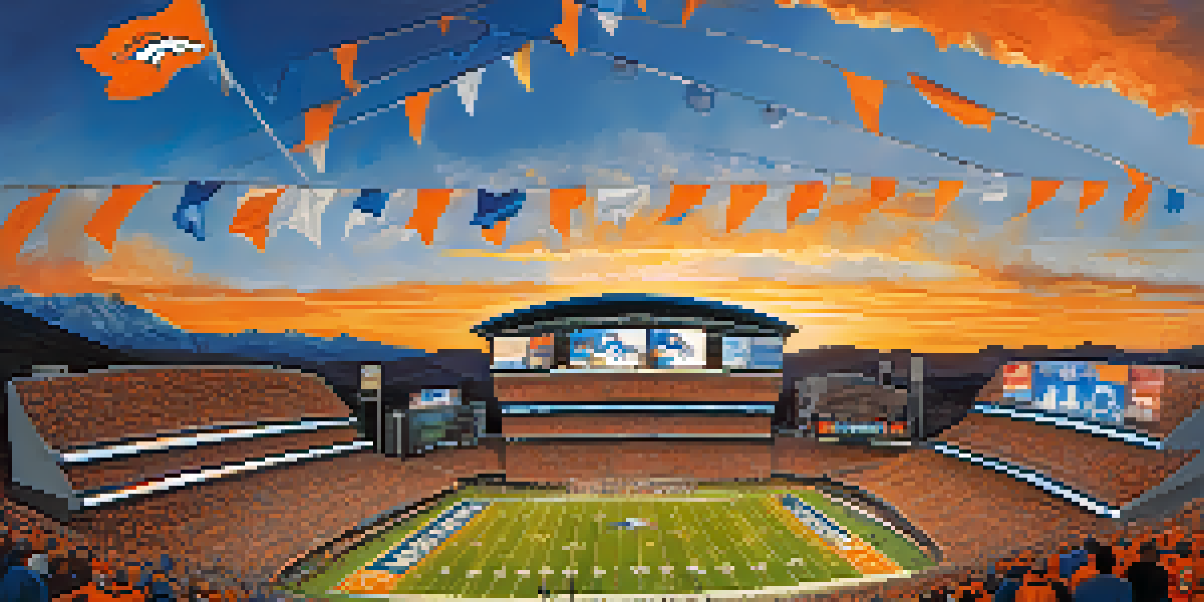 A lively gathering of fans in Denver Broncos jerseys outside Empower Field, with a backdrop of the Rocky Mountains and a sunset sky.