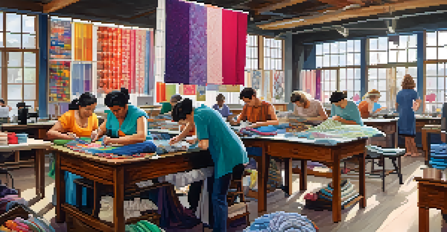 A textile workshop with people sewing, surrounded by colorful fabrics and sewing machines.