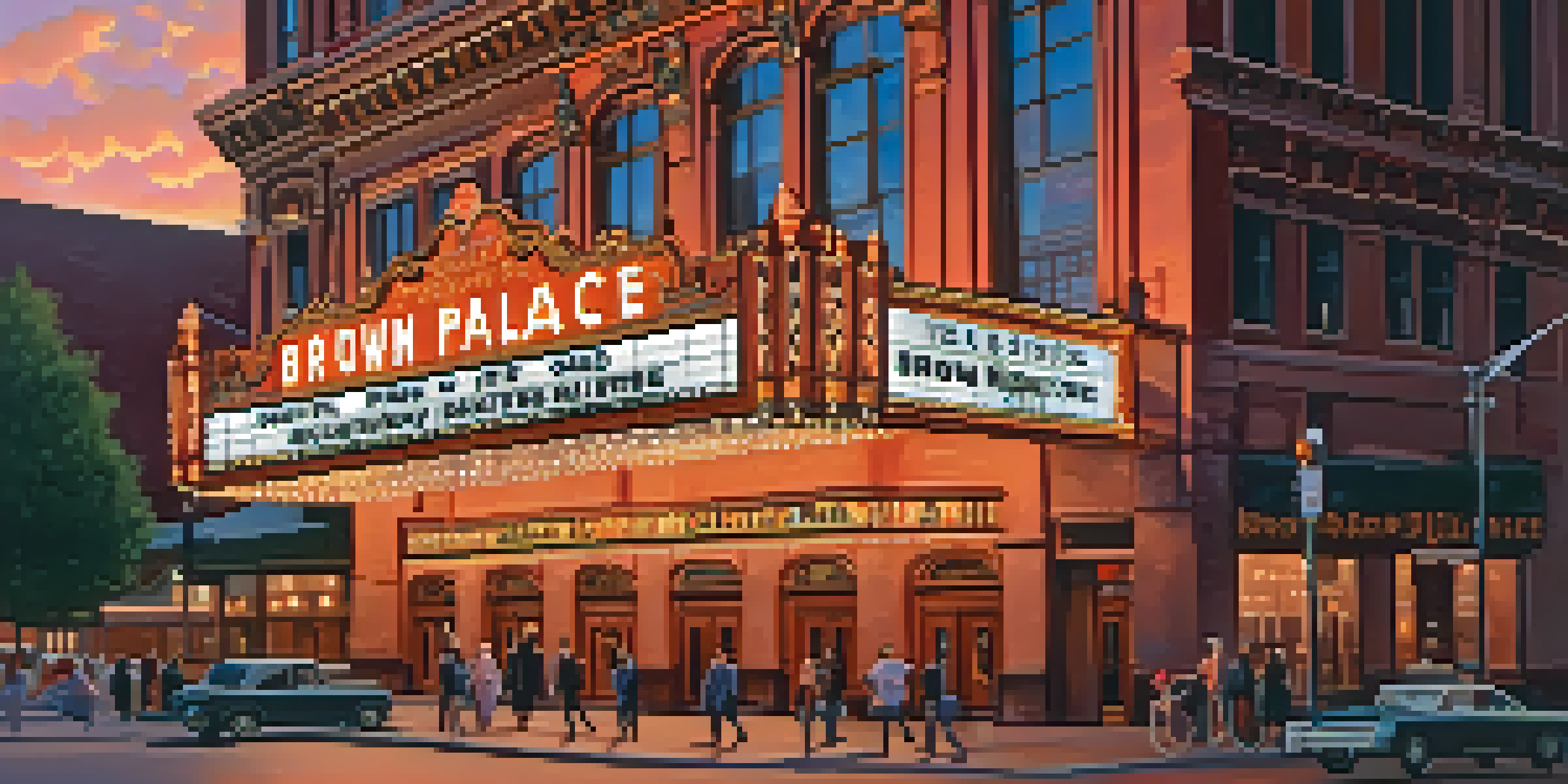 A picturesque view of the Brown Palace Theatre in Denver at sunset, with a colorful sky and people walking by.
