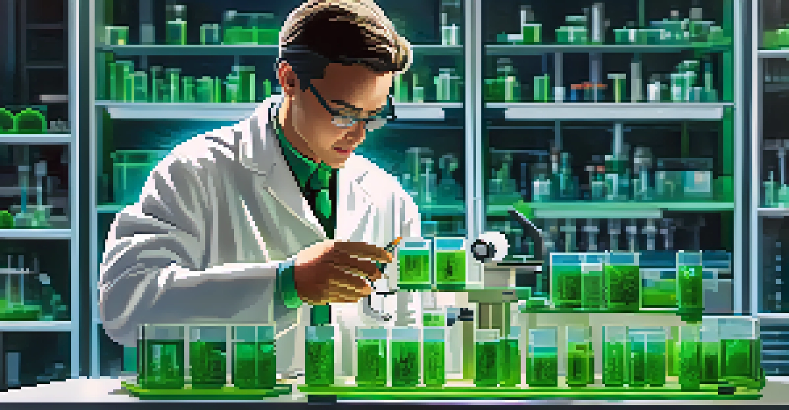 A researcher studying algae in a laboratory setting, with a microscope and petri dish in focus.