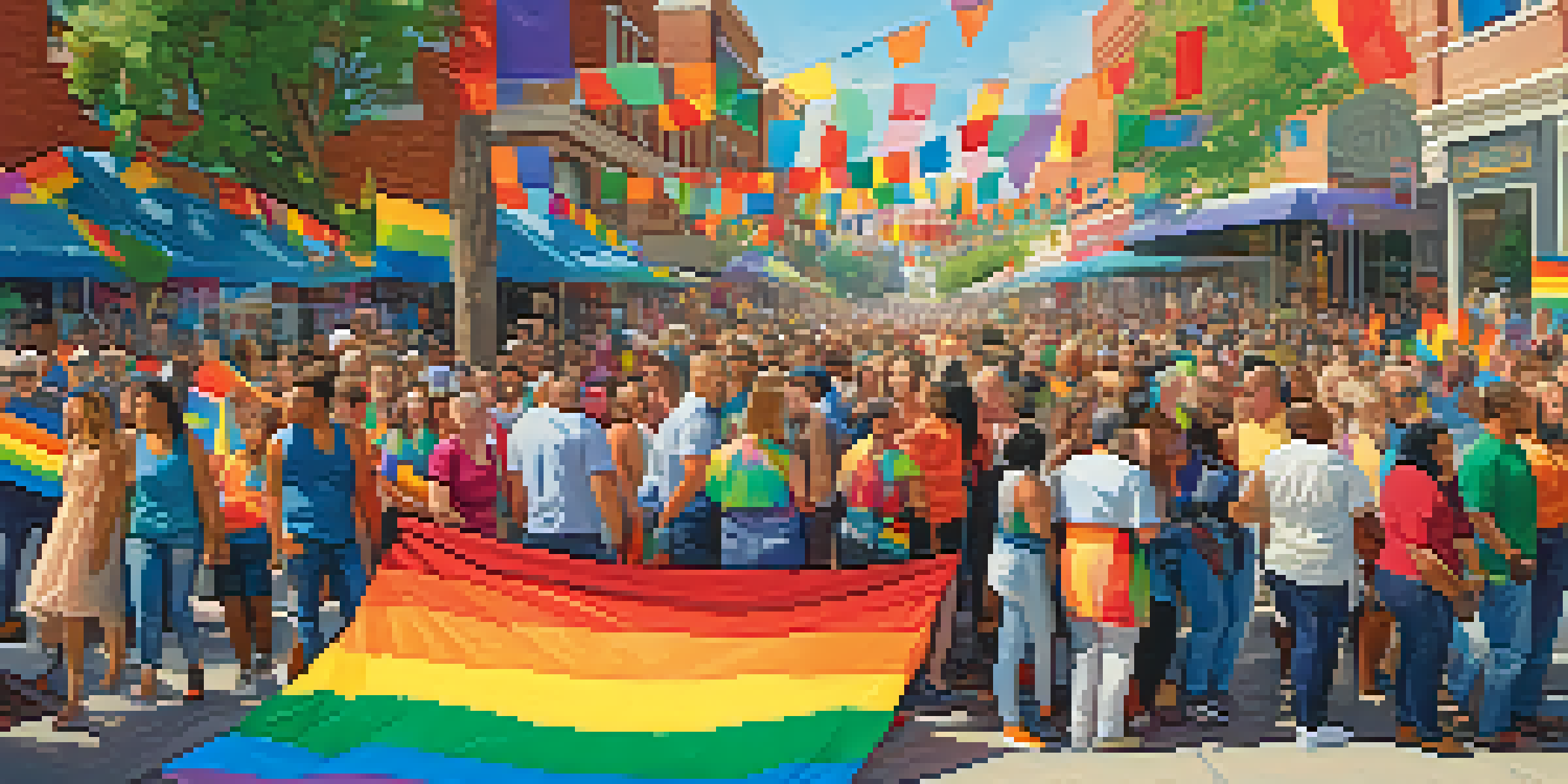 A lively community event with diverse individuals celebrating pride, surrounded by rainbow flags and resource booths, under a clear blue sky.