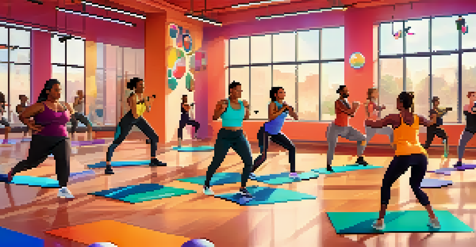 A group of diverse individuals engaged in a virtual fitness class in a vibrant gym environment.