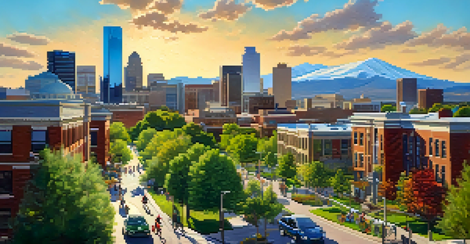 A cityscape of Denver showcasing green initiatives with solar panels, parks, and eco-friendly transportation.