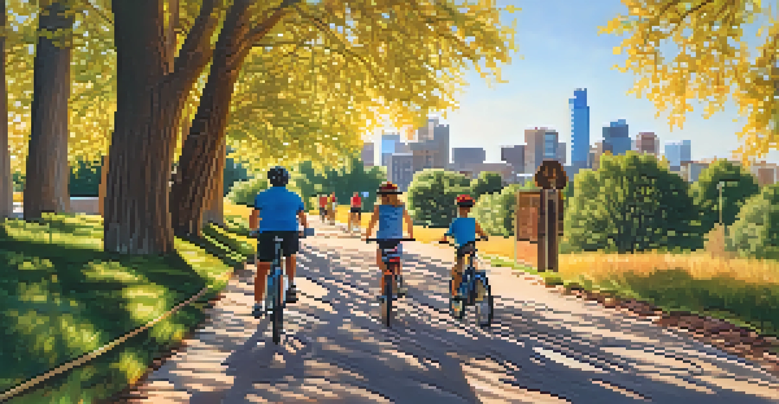 A family biking on Cherry Creek Trail with trees and Denver skyline in the background.