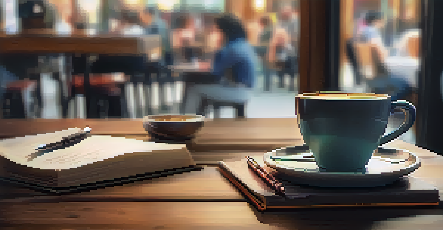 A close-up of a hand holding a cup of coffee next to an open notebook and pen on a table, with a blurred coffee shop ambiance in the background.