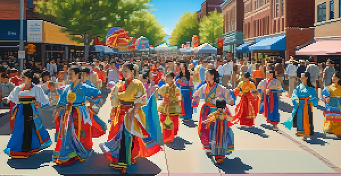 A lively outdoor festival scene in Denver, with colorful performances and art installations celebrating Asian American culture.
