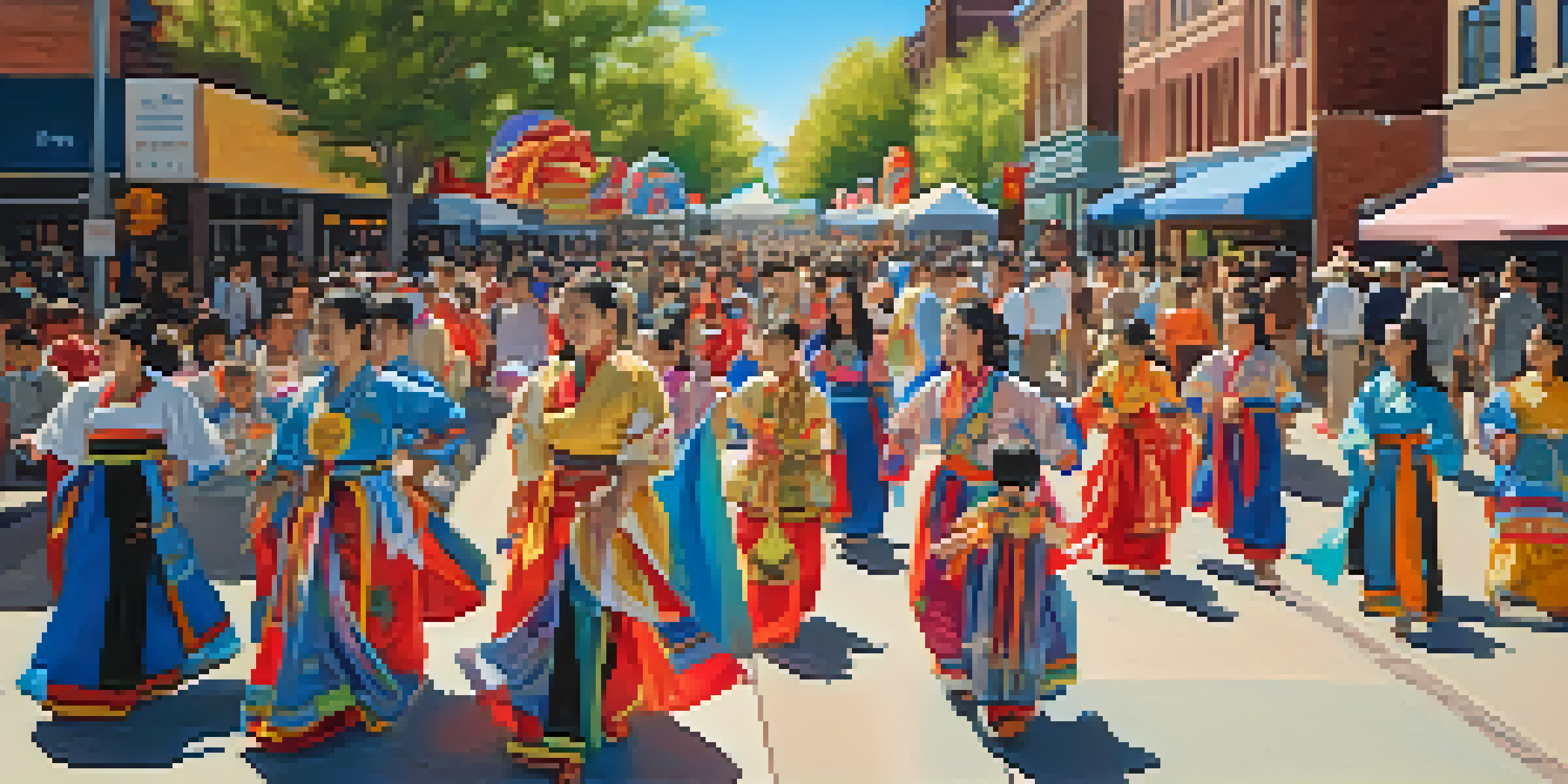 A lively outdoor festival scene in Denver, with colorful performances and art installations celebrating Asian American culture.