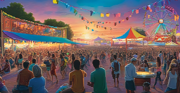 A lively outdoor music festival during sunset with a diverse crowd, a large stage with colorful lights, food stalls, and artistic murals.