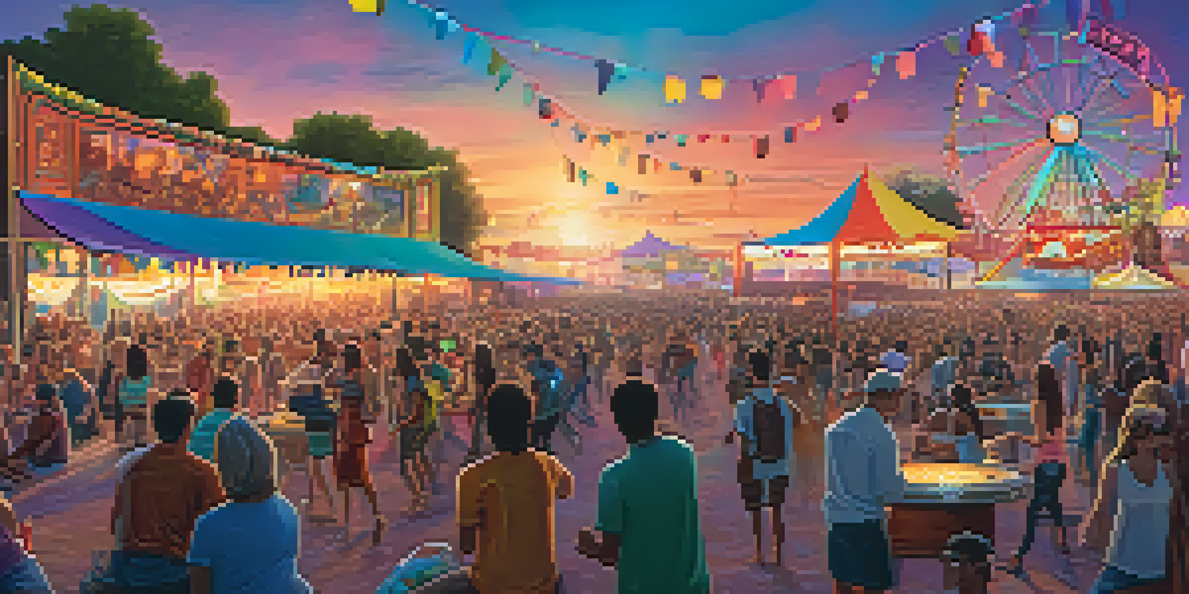 A lively outdoor music festival during sunset with a diverse crowd, a large stage with colorful lights, food stalls, and artistic murals.