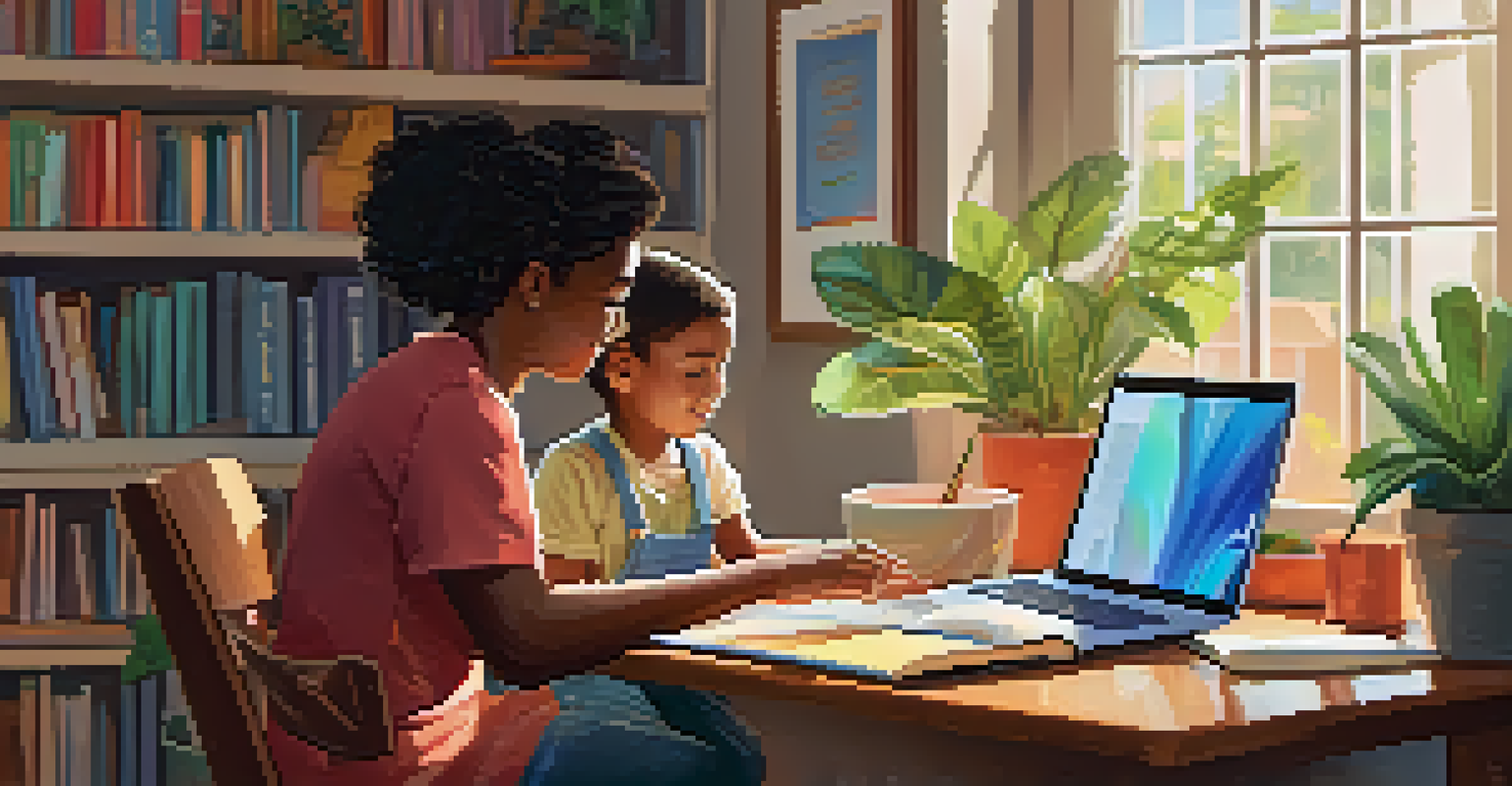 A parent assisting a child with online studies in a cozy home environment filled with educational materials and natural light.