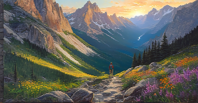A hiker on a rocky trail in the Rocky Mountains during sunset, with peaks and wildflowers visible.
