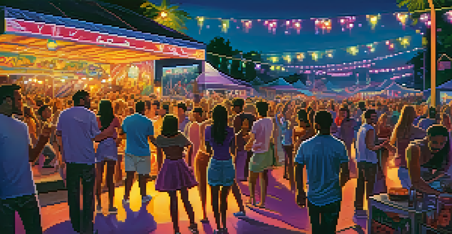 A crowd at a music festival with people dancing and a band performing on stage, illuminated by colorful lights at dusk.