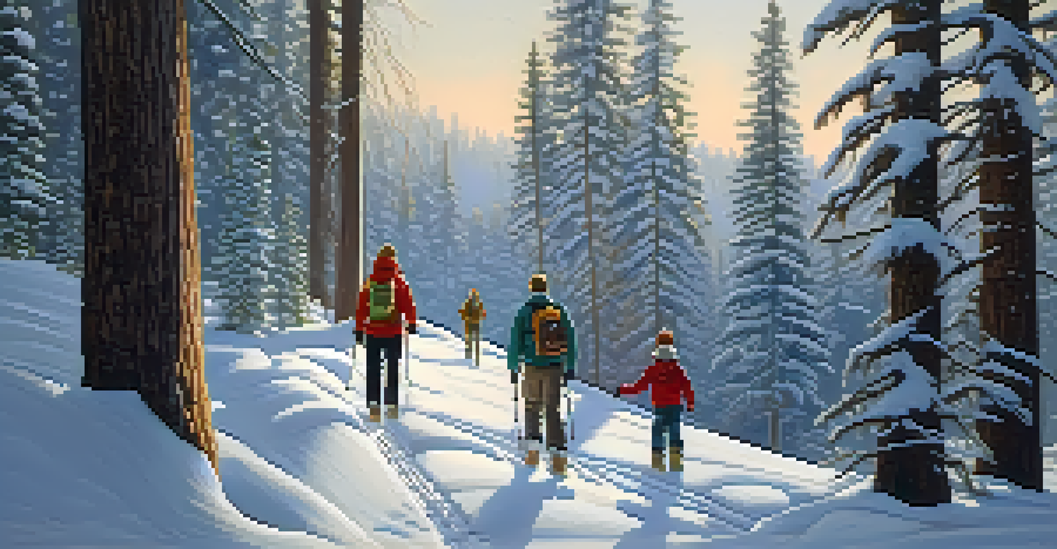 A family snowshoes through a snowy forest, surrounded by tall pine trees and soft sunlight.