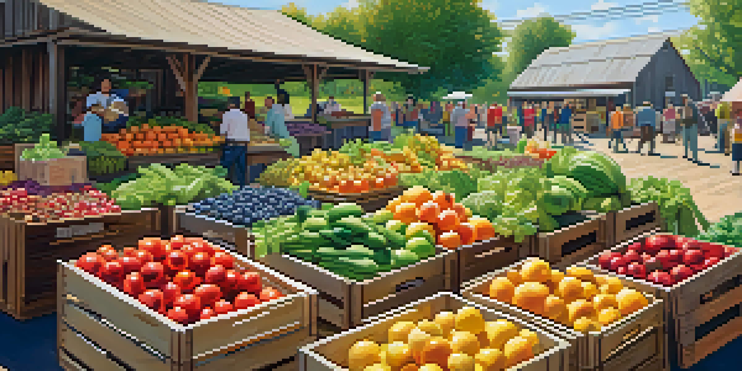 A lively market scene with colorful fruits and vegetables, families interacting with farmers under sunlight.