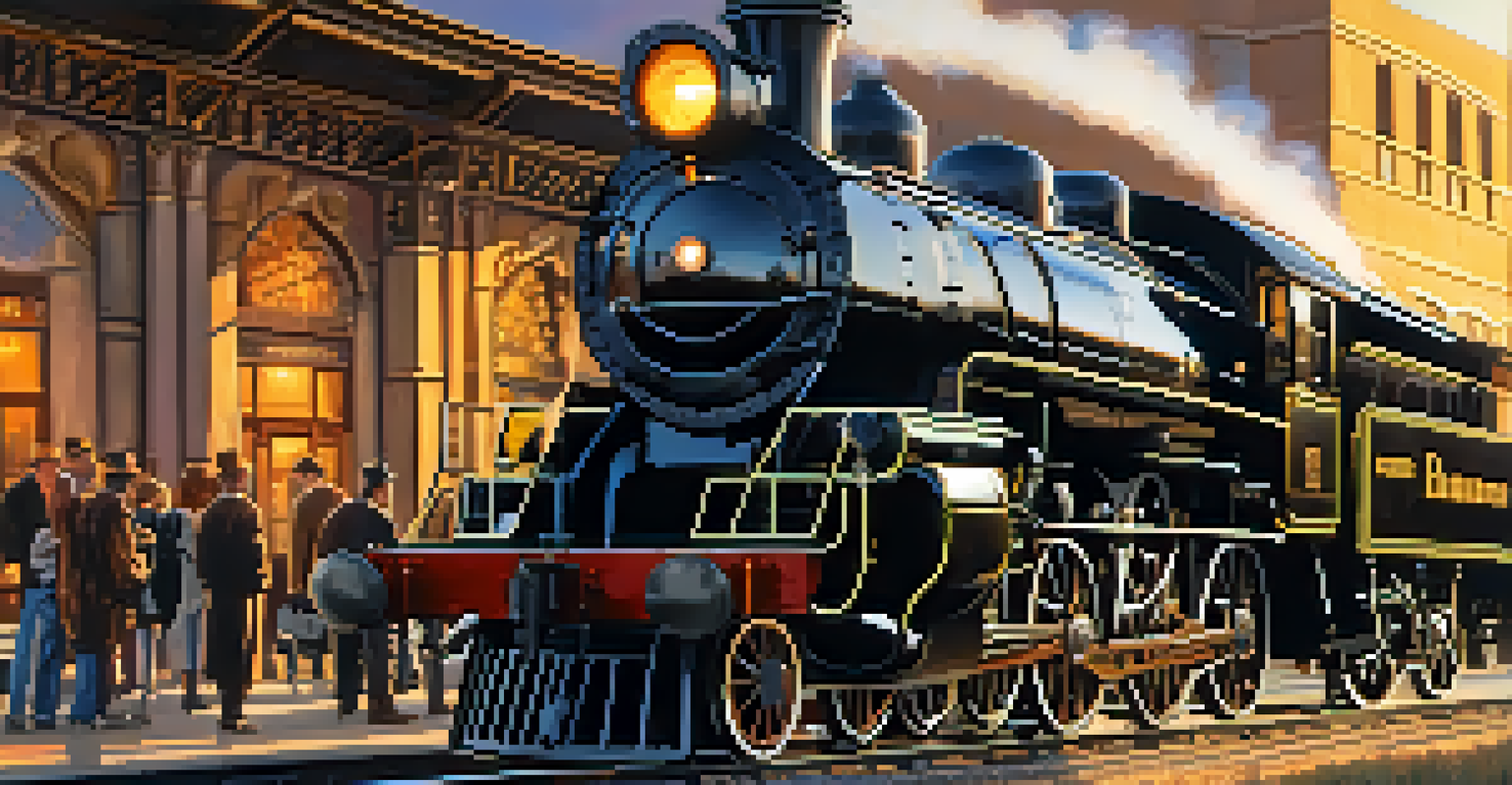 A close-up of a vintage steam locomotive at a Denver train station, with steam and passengers, illuminated by golden sunset light.
