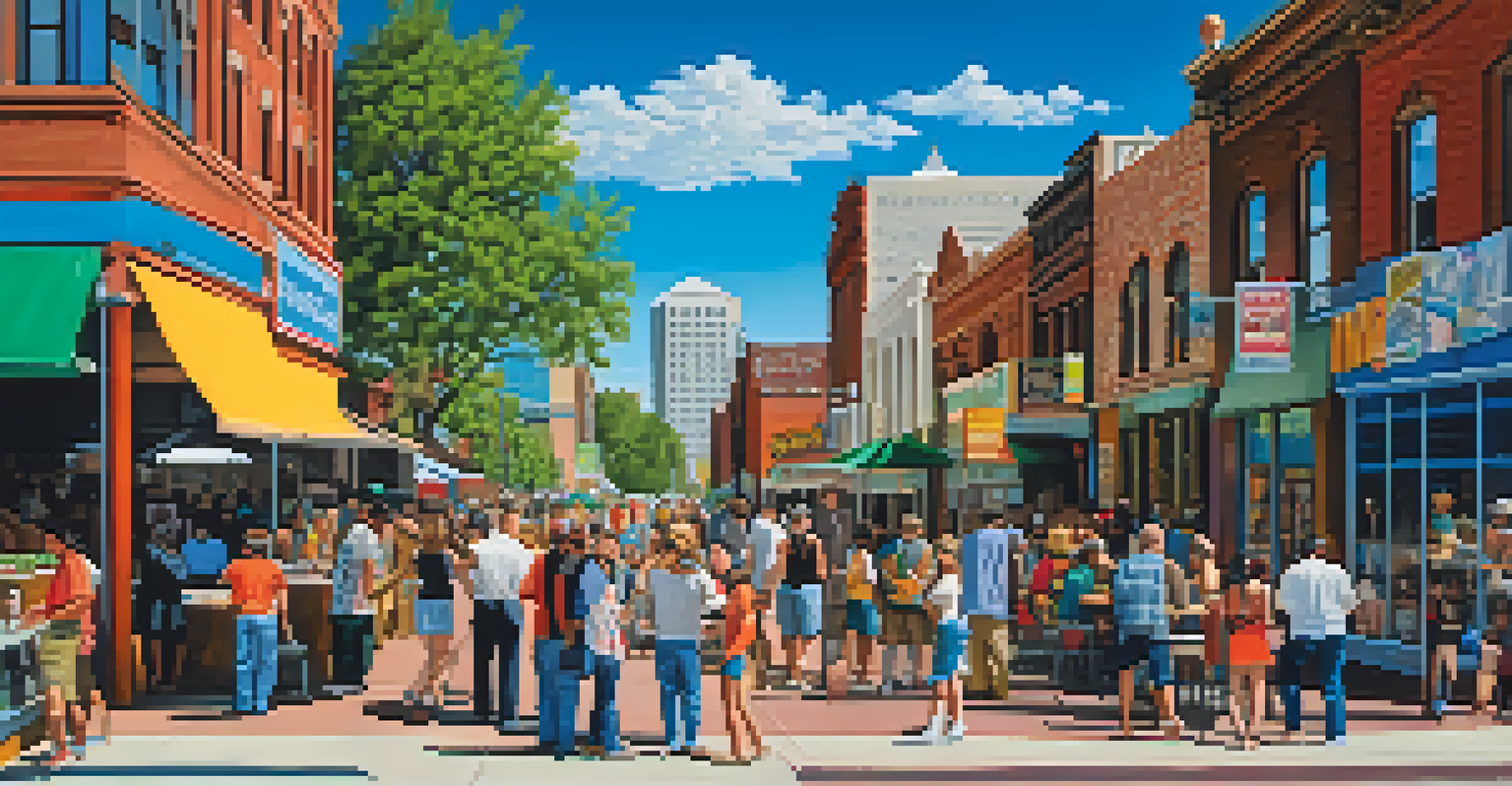 A bustling street scene in Denver with diverse people and colorful street art.
