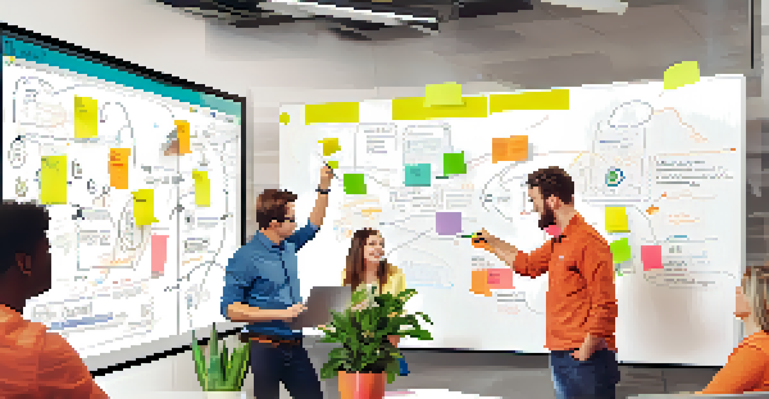 A startup team brainstorming around a whiteboard filled with colorful notes and diagrams, embodying creativity and collaboration in a tech hub.
