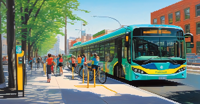 A busy urban area with electric buses at a charging station and people boarding them, surrounded by trees and cyclists.