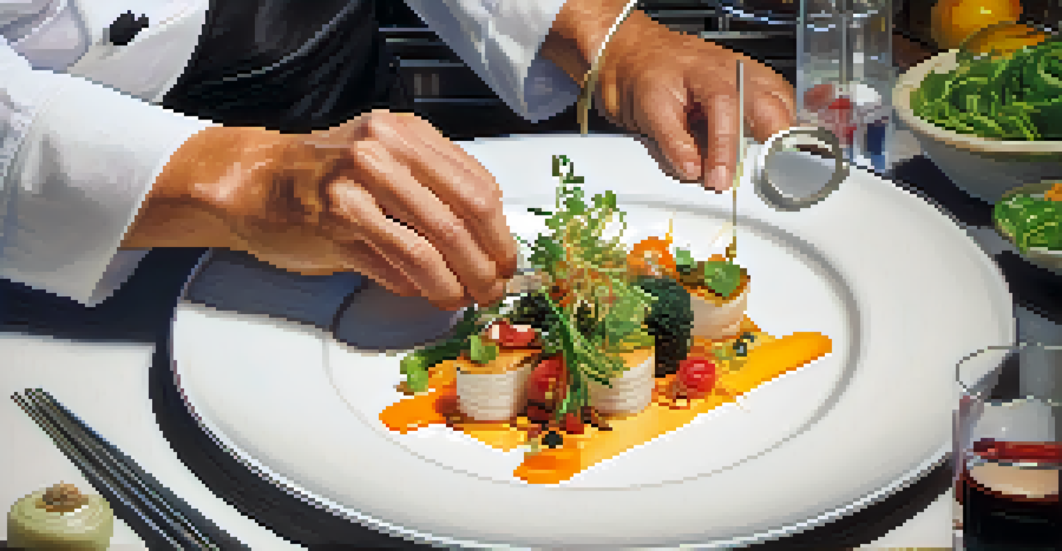 A chef's hands plating a colorful gourmet dish in a modern kitchen.