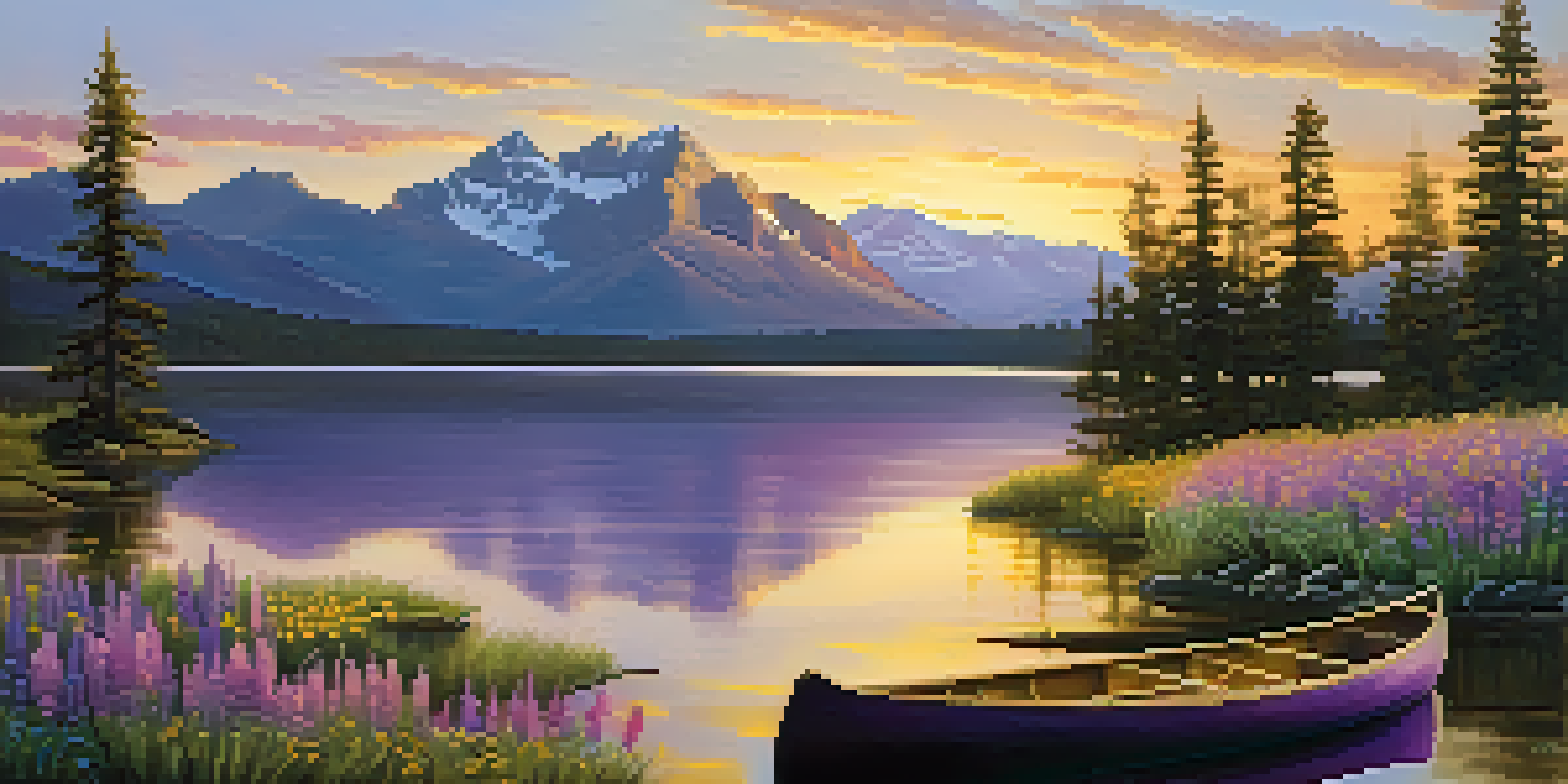 A peaceful sunset over the Rocky Mountains with a lake and blooming wildflowers in the foreground.