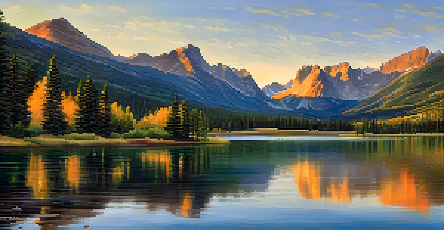 A breathtaking sunrise view of Rocky Mountain National Park with mountains, forests, and a lake reflecting the colors of the sky.